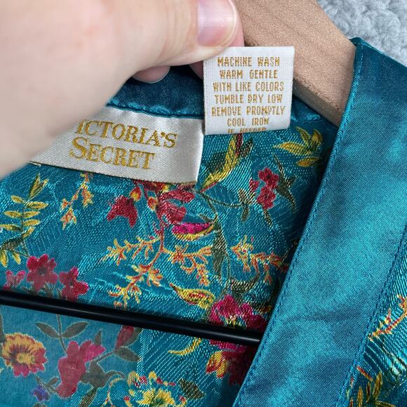 Vtg 90s VICTORIA'S SECRET Sheer Foral Button Down Sleep Shirt Small Teal Jewel - Picture 4 of 8
